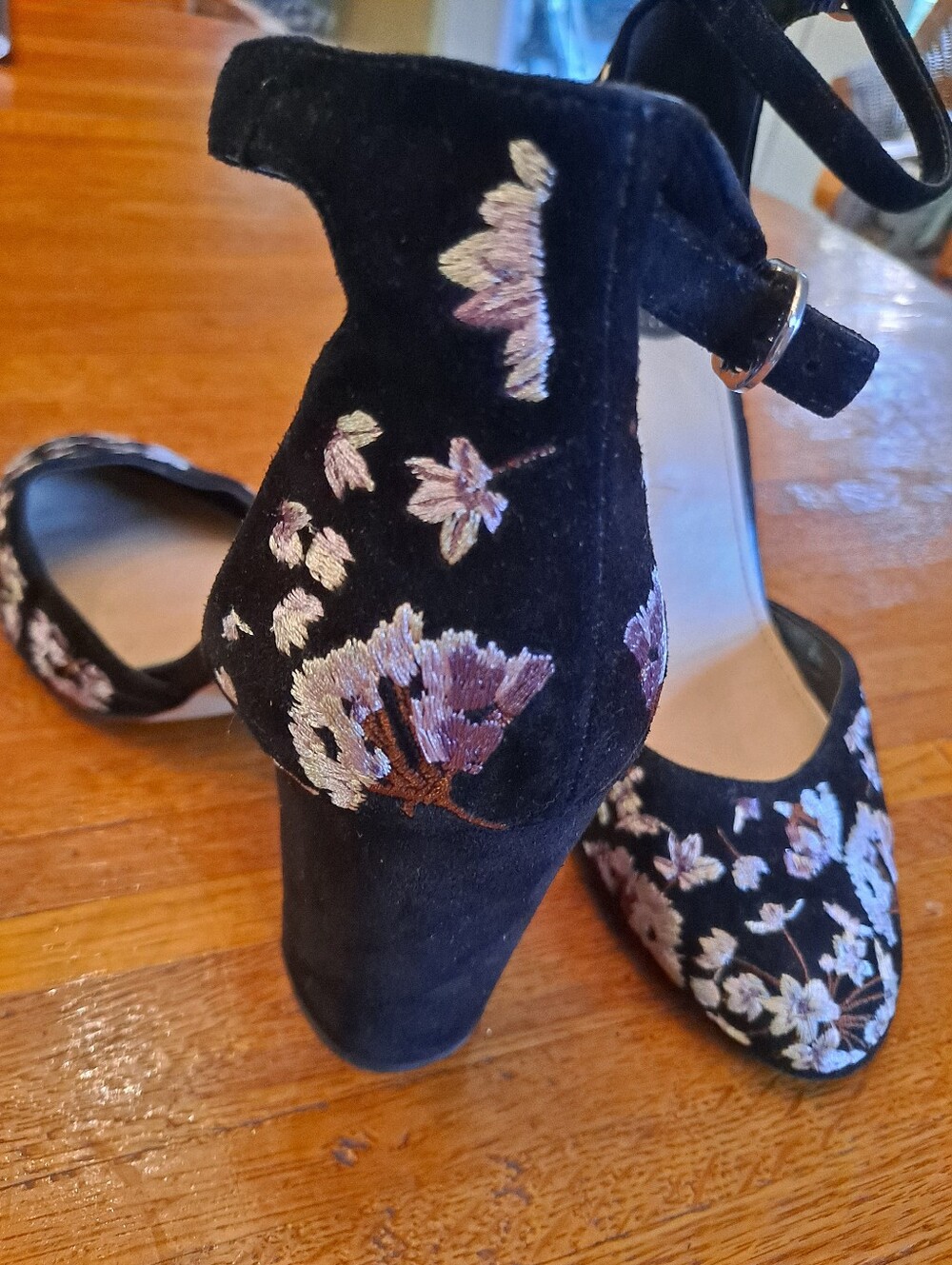 White House Black Market Embroidered Black Floral Ankle-Strap Block Heels